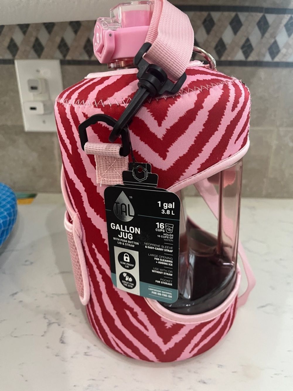 Tal 1-Gallon Water Jug with Pink & Red Zebra Sleeve